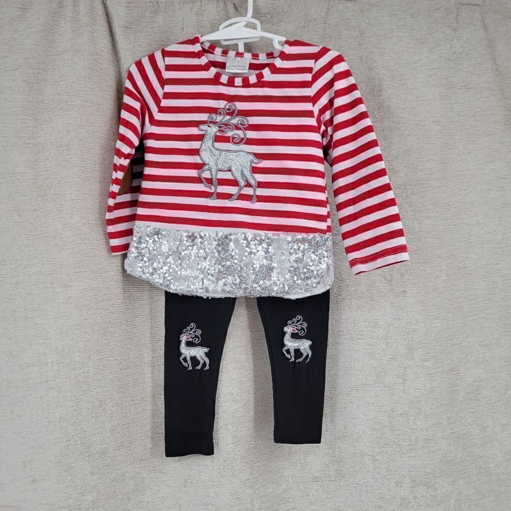 Christmas Girls Toddler 2T Matching Set Silver Reindeer Red White Stripes